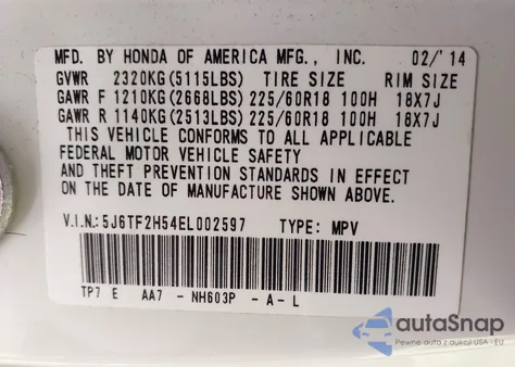 2014 Honda Crosstour Ex-L V6 из США, поврежденный, VIN 5J6TF2H54EL002597